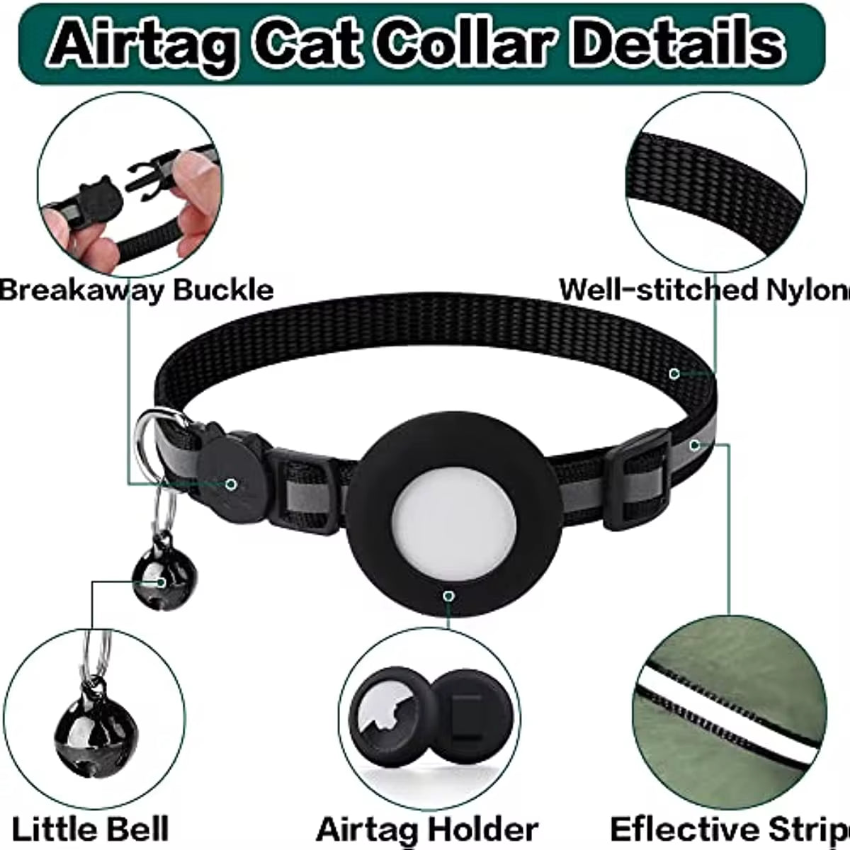 Airtag Cat Collar Breakaway, Reflective Kitten Collar with Apple Air Tag Holder and Bell for Girl Boy Cats, 0.4 Inches