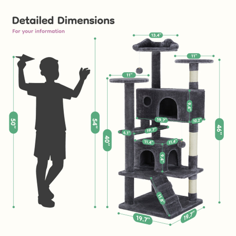 54 Inch Cat Tree, Indoor Cat High-Rise Multi-Story Tower